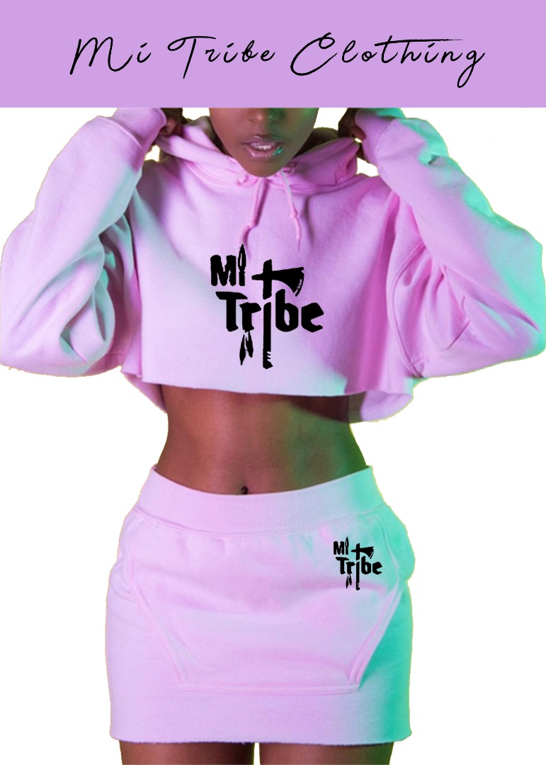 Lilac Mi-Tribe logo crop hoodie and skirt set
