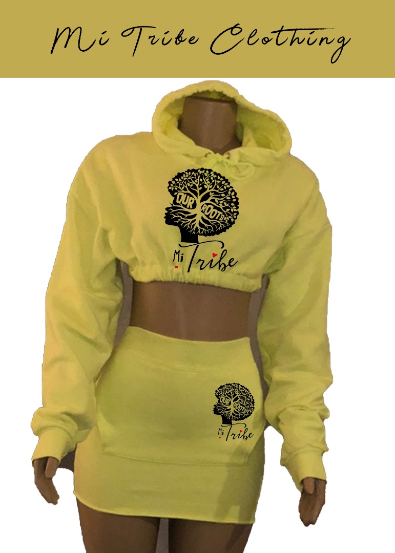 Yellow Mi-Tribe Our Roots crop hoodie and skirt set